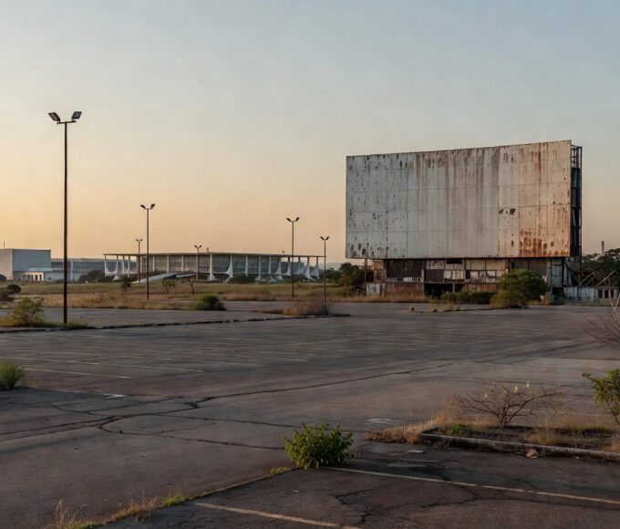 Drive-in cinema antigo e decadente representando o Aut Cine Drive-in no Brasil