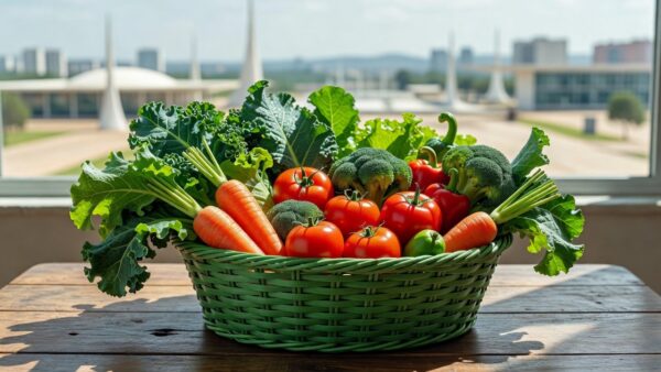 Cestas verdes com vegetais para beneficiários do Cartão Prato Cheio no DF