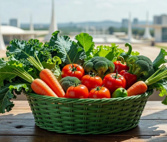 Cestas verdes com vegetais para beneficiários do Cartão Prato Cheio no DF