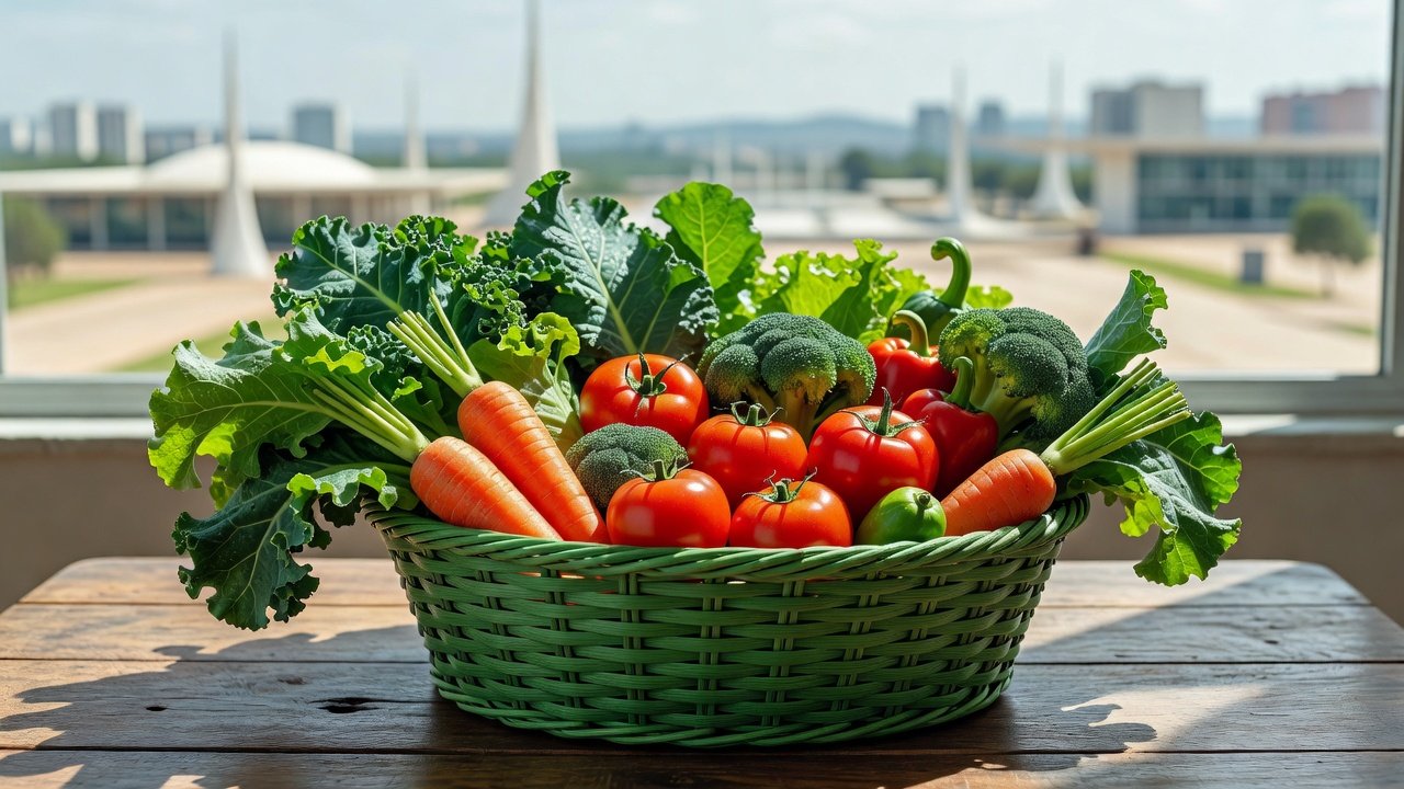 Cestas verdes com vegetais para beneficiários do Cartão Prato Cheio no DF