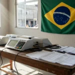 Manifesto impresso sobre mesa com símbolos eleitorais no Brasil