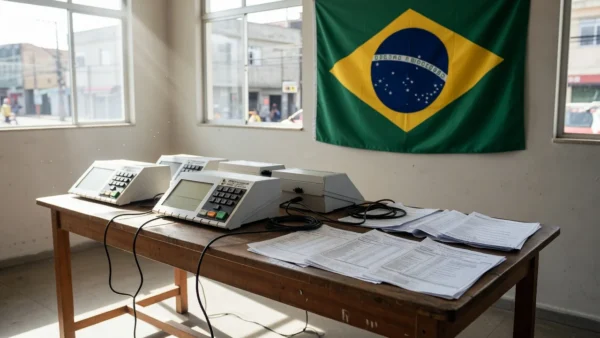 Manifesto impresso sobre mesa com símbolos eleitorais no Brasil