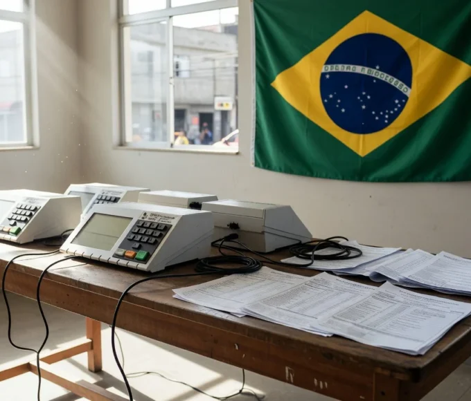 Manifesto impresso sobre mesa com símbolos eleitorais no Brasil