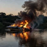 Lancha em chamas no Lago Sul, Brasília, antes da chegada dos bombeiros