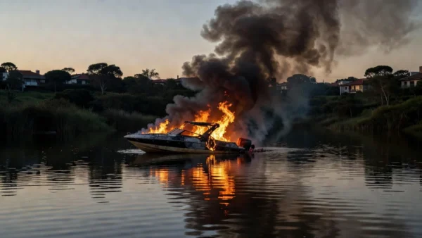 Lancha em chamas no Lago Sul, Brasília, antes da chegada dos bombeiros