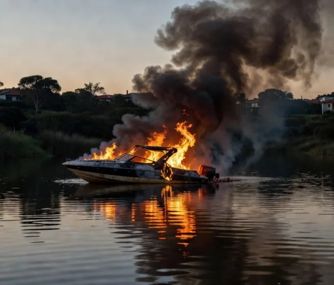 Lancha em chamas no Lago Sul, Brasília, antes da chegada dos bombeiros