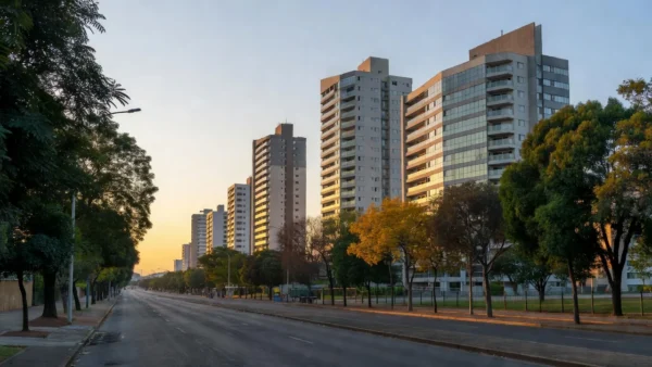 Avenida em Águas Claras, DF, com arquitetura moderna, área de acolhimento a pessoas em situação de rua