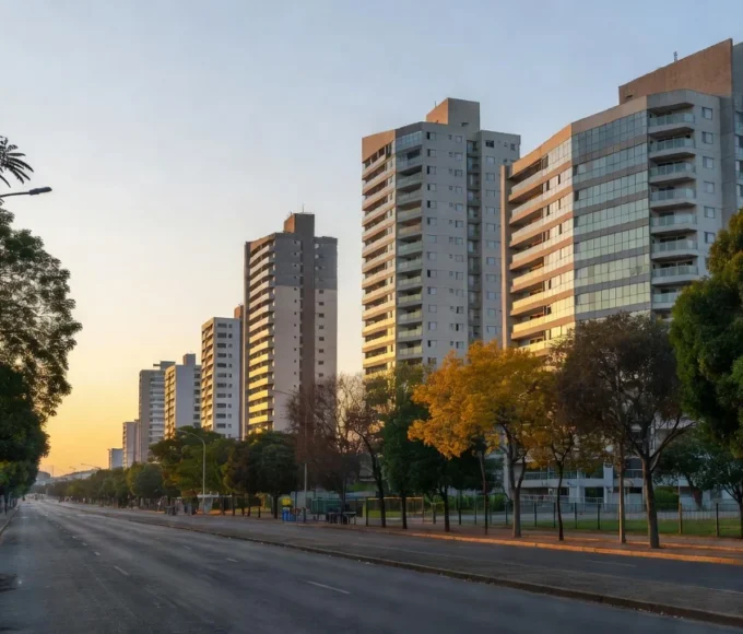 Avenida em Águas Claras, DF, com arquitetura moderna, área de acolhimento a pessoas em situação de rua