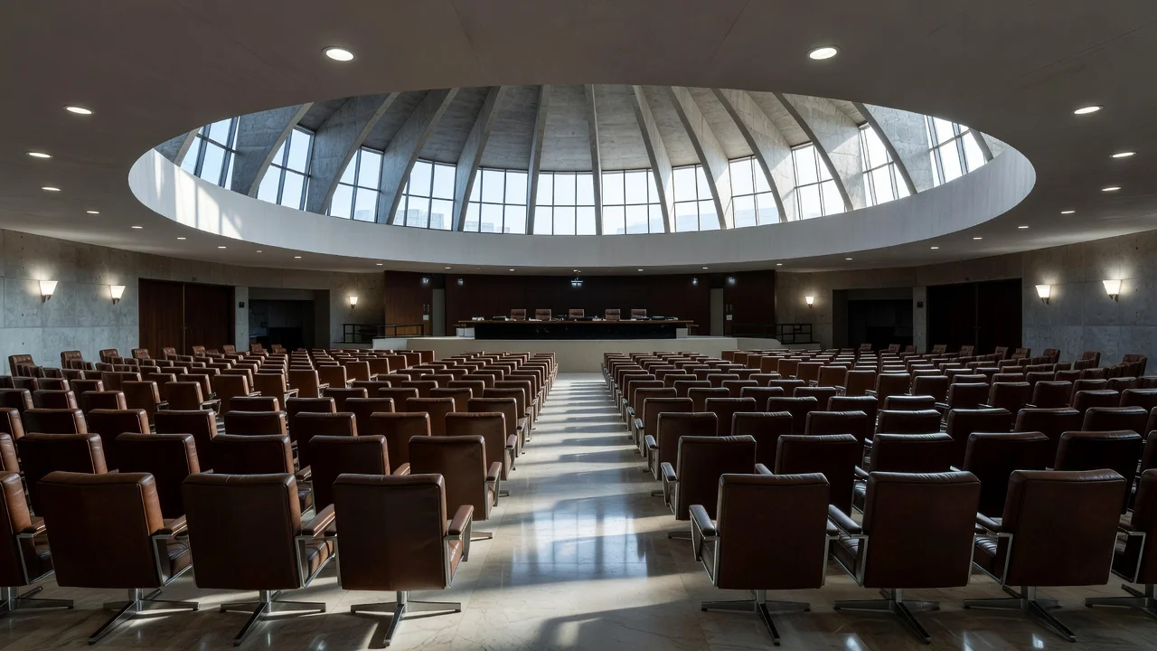 Fachada da CLDF em Brasília sob luz sombria, simbolizando homenagem e críticas à lentidão do Judiciário