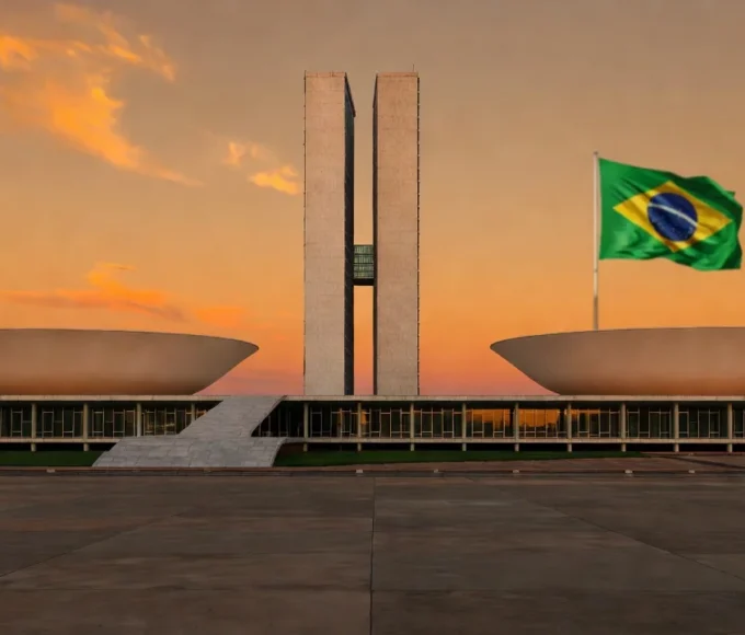 Bandeiras do PT e do Brasil em frente ao Palácio do Buriti em Brasília
