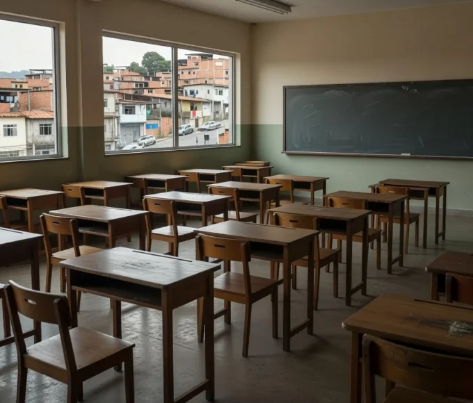 Sala de aula da Escola do Legislativo em Brasília com materiais de projeto de cidadania