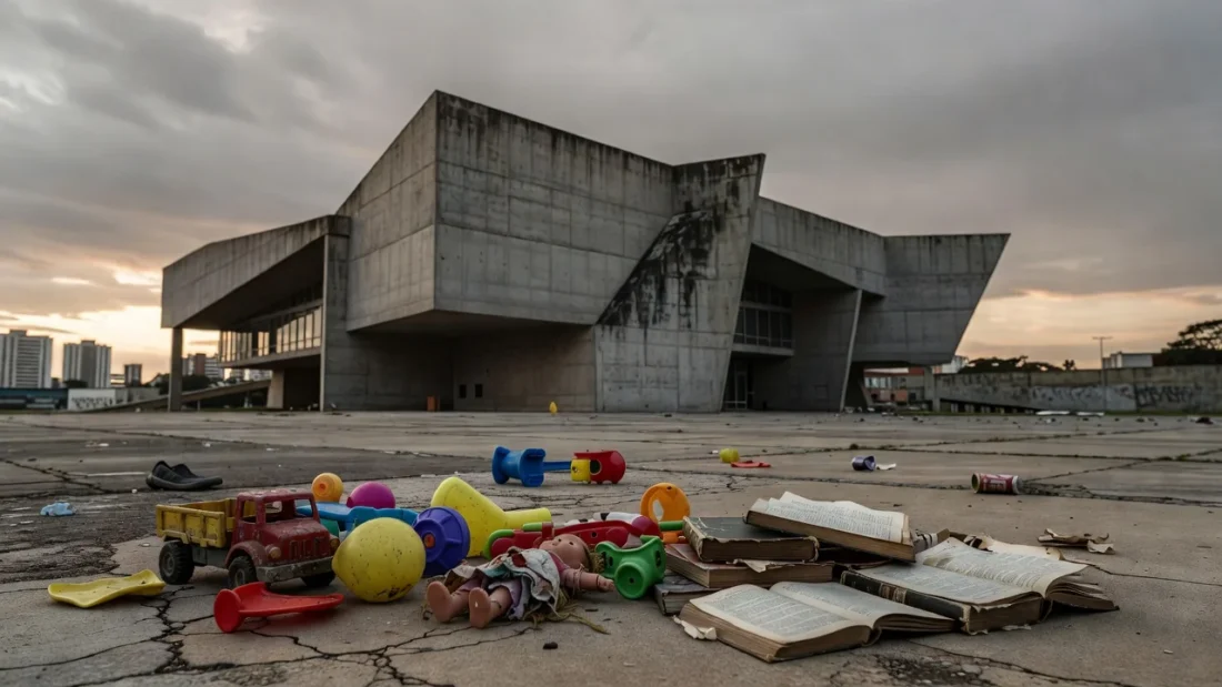Parquinho abandonado em Brasília perto da Câmara do DF, representando negligência na primeira infância