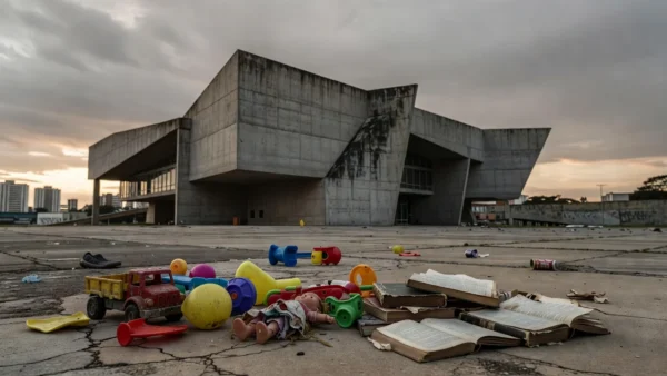 Parquinho abandonado em Brasília perto da Câmara do DF, representando negligência na primeira infância