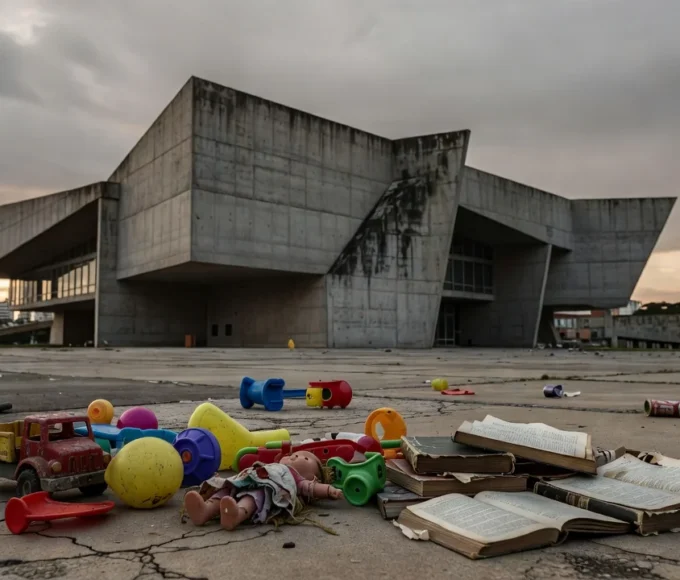 Parquinho abandonado em Brasília perto da Câmara do DF, representando negligência na primeira infância