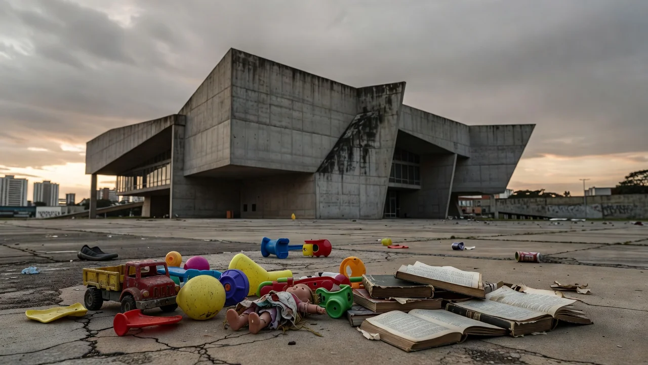 Parquinho abandonado em Brasília perto da Câmara do DF, representando negligência na primeira infância
