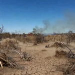 Paisagem do Cerrado seco no Distrito Federal com fumaça de incêndios durante seca prolongada