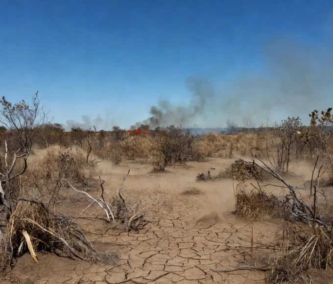 Paisagem do Cerrado seco no Distrito Federal com fumaça de incêndios durante seca prolongada