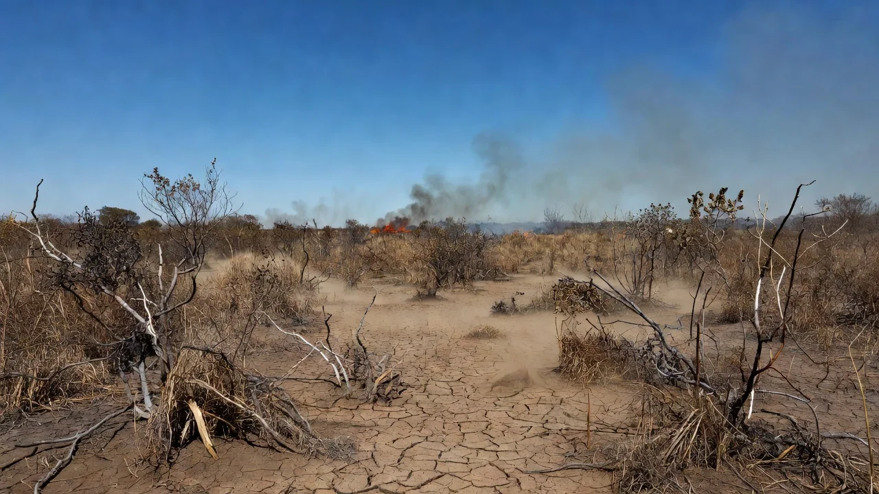 Paisagem do Cerrado seco no Distrito Federal com fumaça de incêndios durante seca prolongada