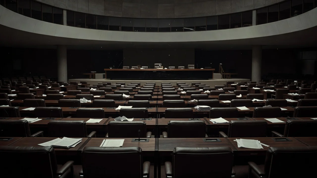 Plenário vazio da CLDF com documentos acumulados, simbolizando baixa produtividade dos deputados