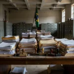 Pilha de documentos em mesa de escritório no DF simbolizando atraso em emendas parlamentares