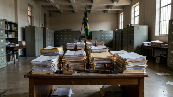 Pilha de documentos em mesa de escritório no DF simbolizando atraso em emendas parlamentares