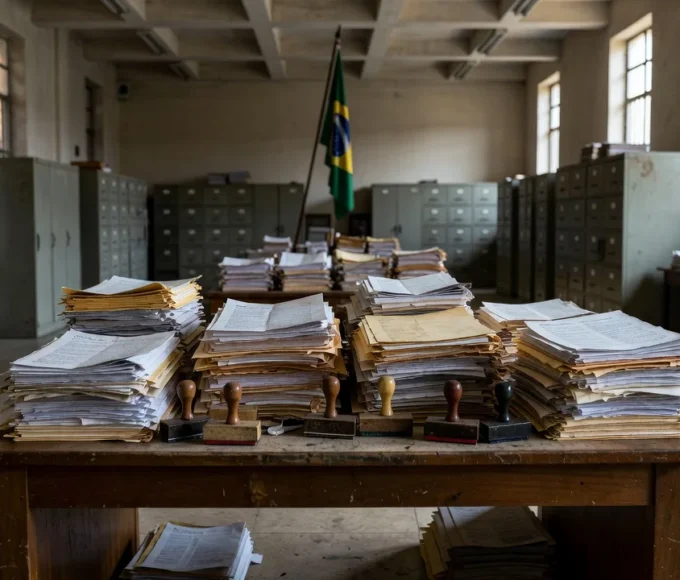 Pilha de documentos em mesa de escritório no DF simbolizando atraso em emendas parlamentares