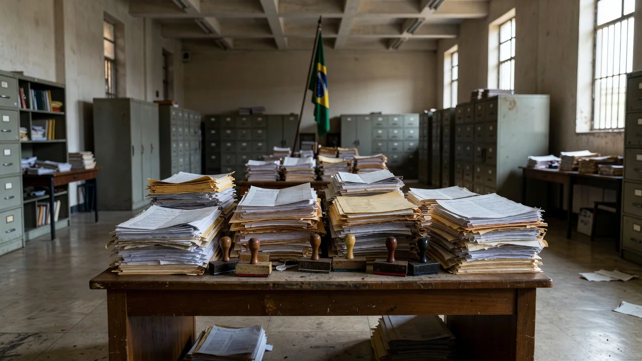 Pilha de documentos em mesa de escritório no DF simbolizando atraso em emendas parlamentares