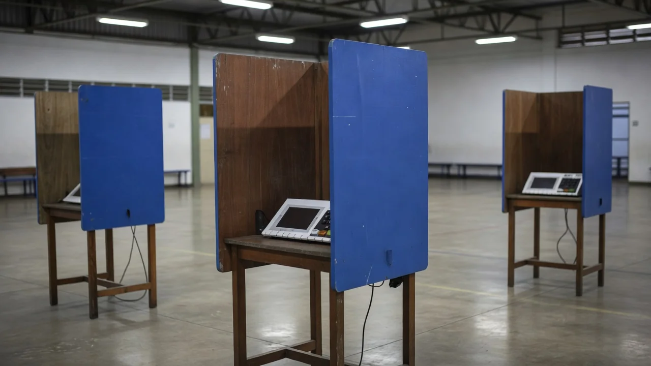 Cabine de votação vazia em seção eleitoral no DF representando proibição de celulares