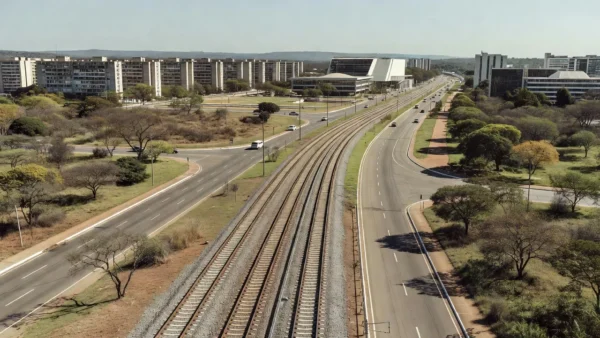 Trilhos de metrô e VLT em Brasília representando estudos do governo do DF