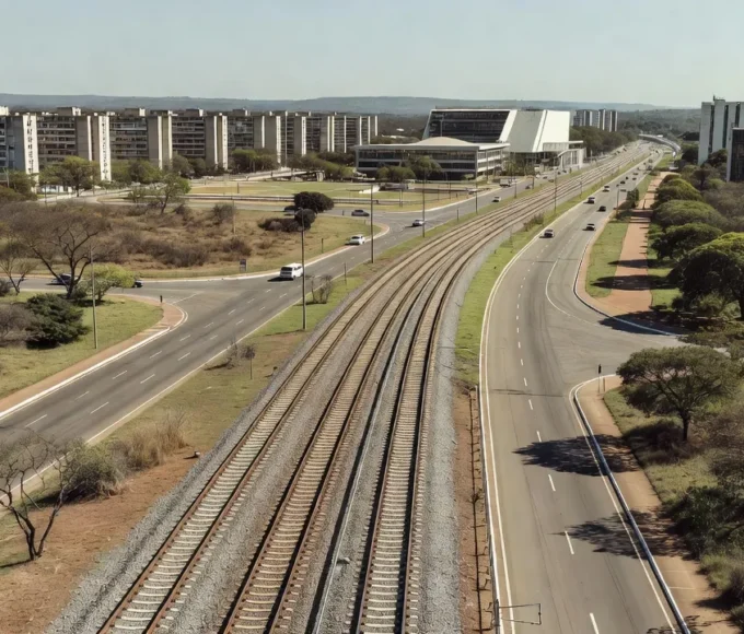 Trilhos de metrô e VLT em Brasília representando estudos do governo do DF