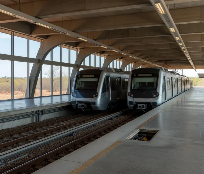 Estação do metrô do DF em Brasília com trens e infraestrutura