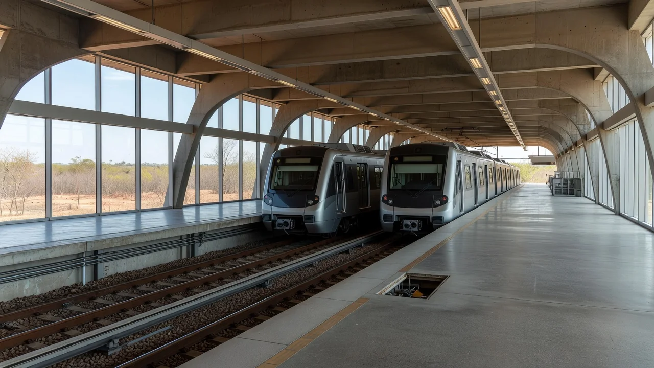 Estação do metrô do DF em Brasília com trens e infraestrutura